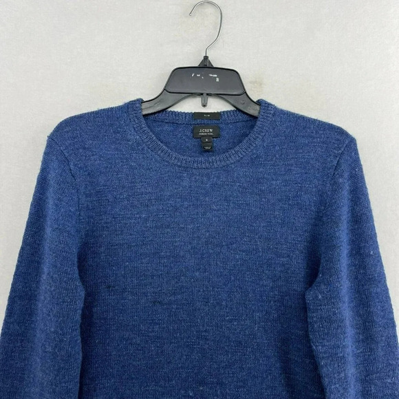 J.Crew Merino Sweater Men's S Blue Brown Leather Elbow Trim Round Neck Pullover - Picture 6 of 15